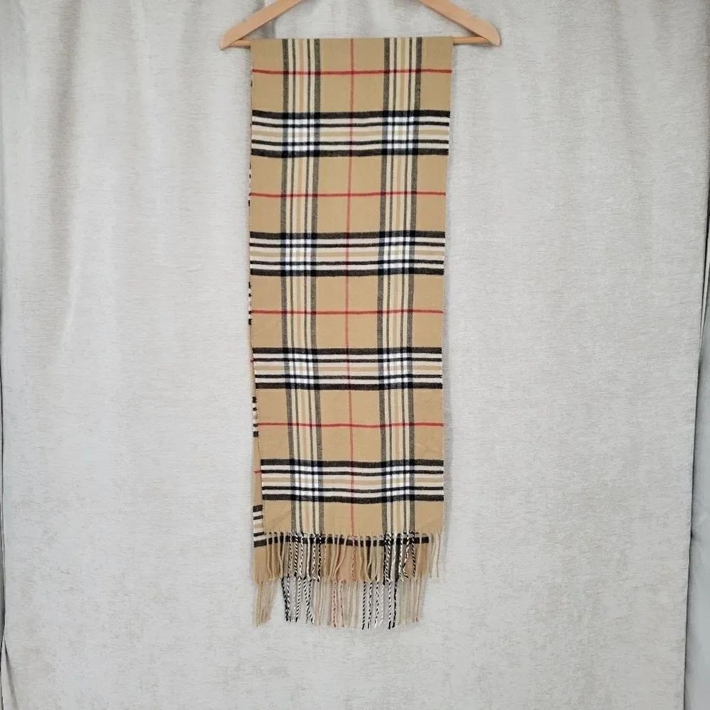 Plaid Check Tan Black Red White Scarf with Fringe Classic